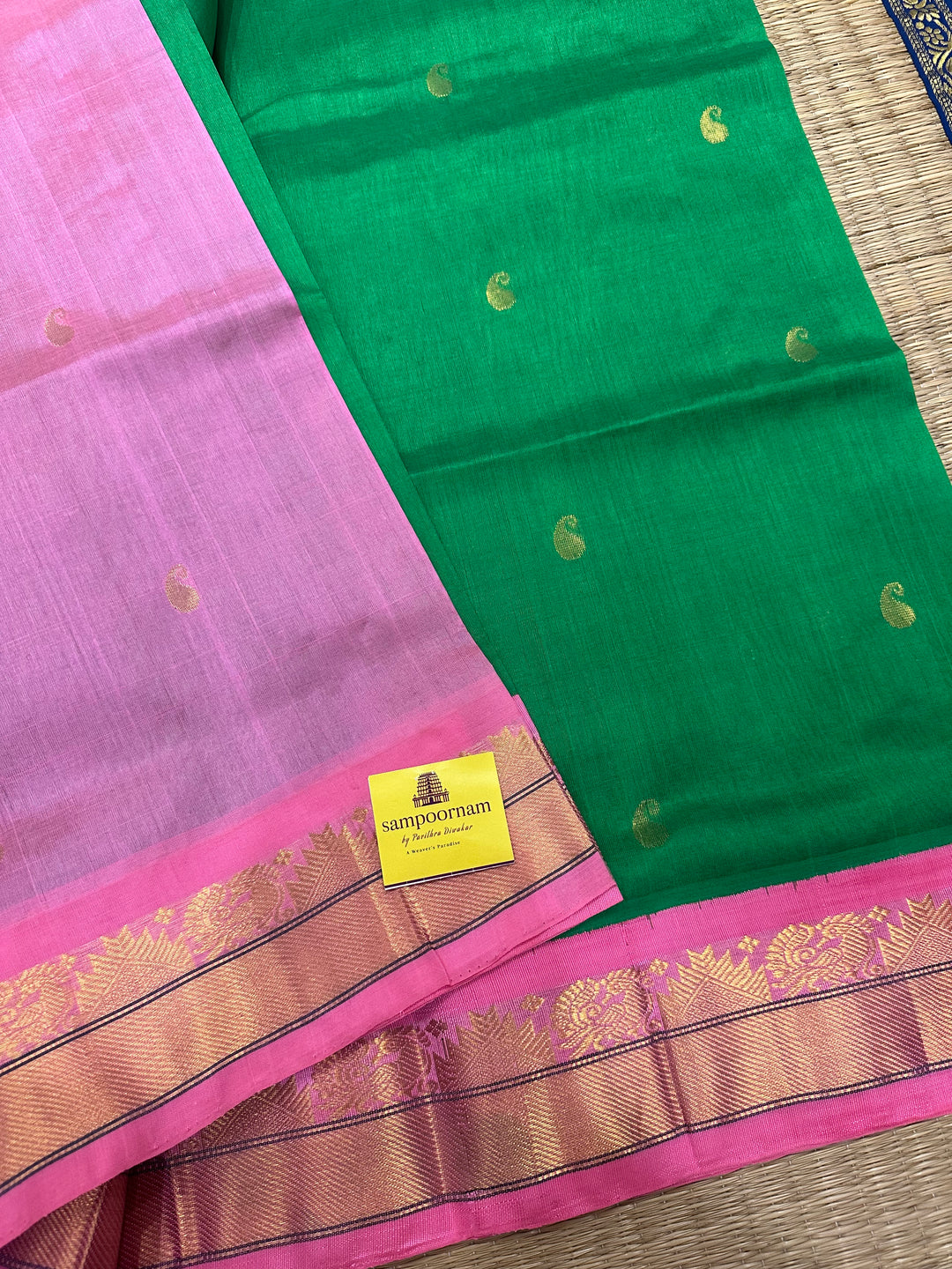 Light Green with Baby Pink RIch Body Butta and Grand Pallu Korvai SIlk Cotton Saree