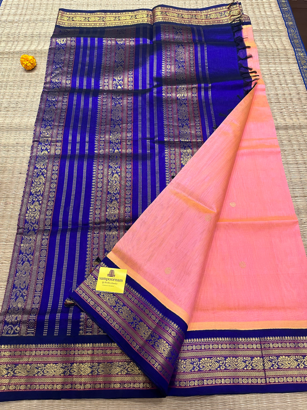 Peachish Pink With Blue Body Zari Butta Rich Pallu Korvai Silk Cotton Saree