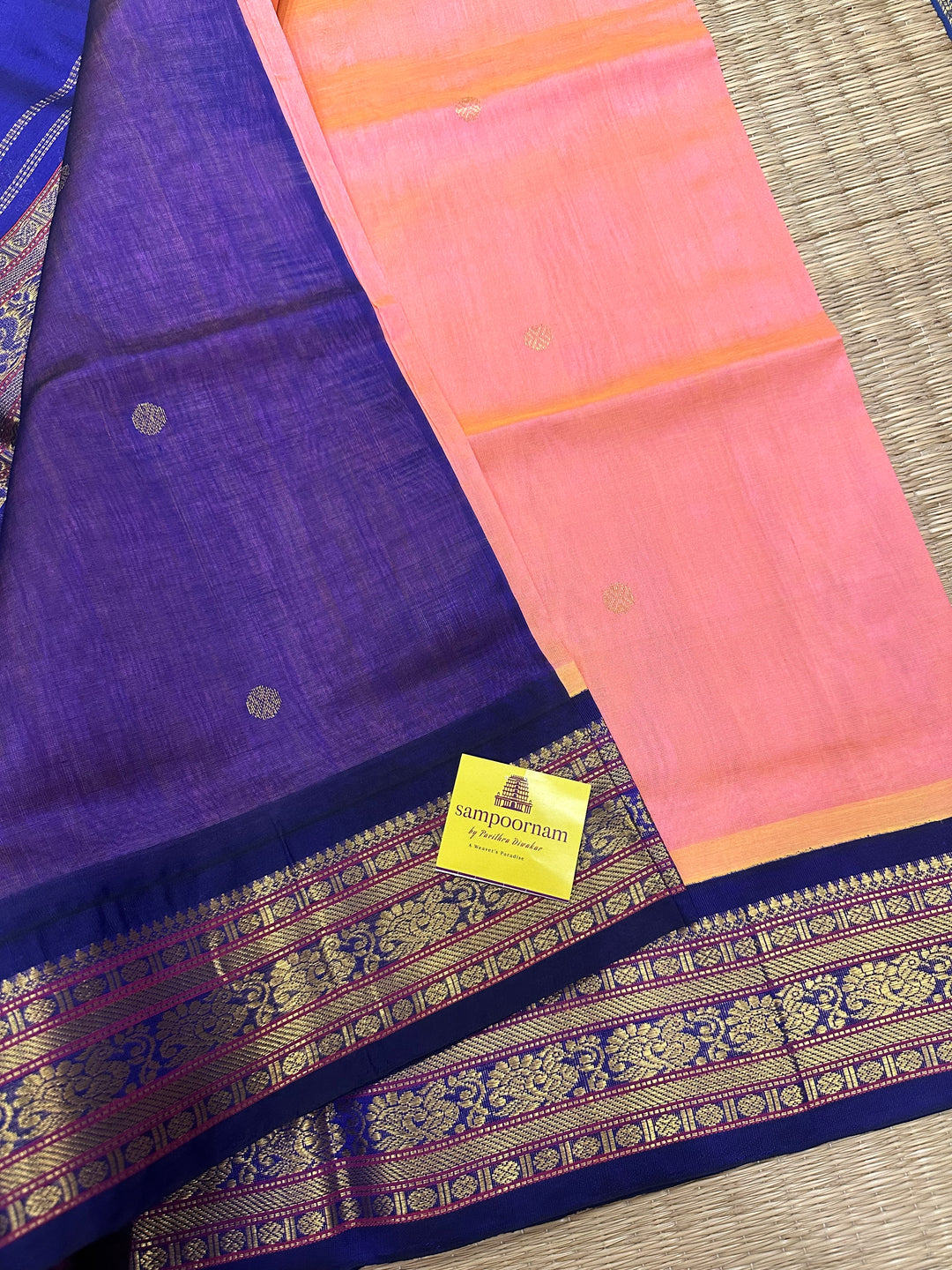 Peachish Pink With Blue Body Zari Butta Rich Pallu Korvai Silk Cotton Saree