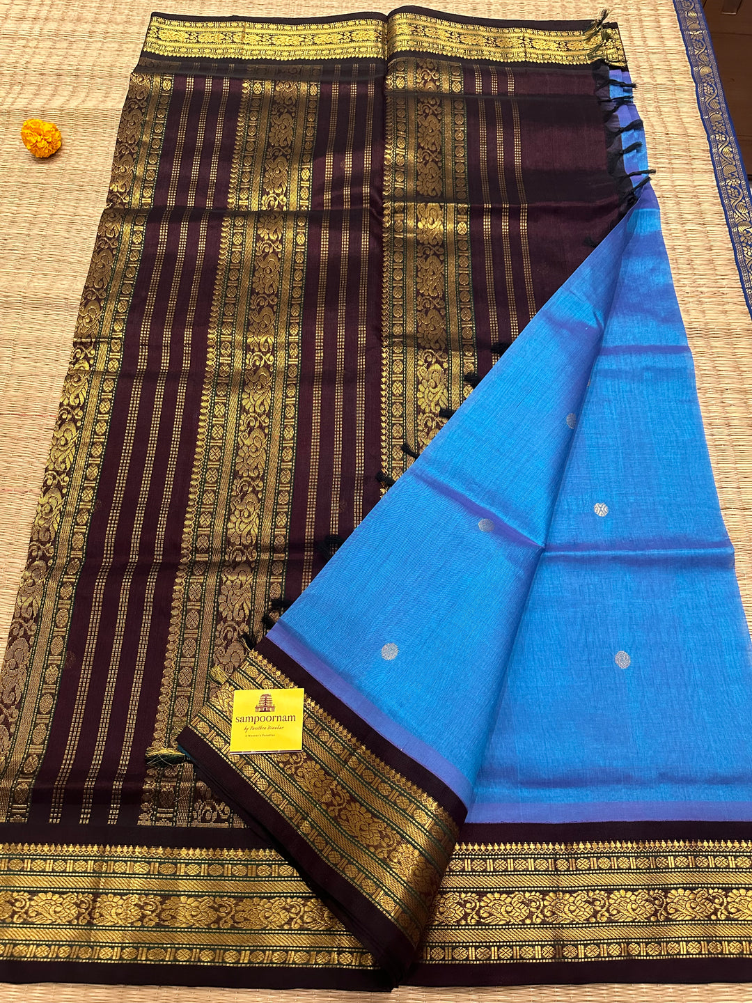 Blue with Brown Body Zari Butta with Rich Pallu Korvai Silk Cotton Saree