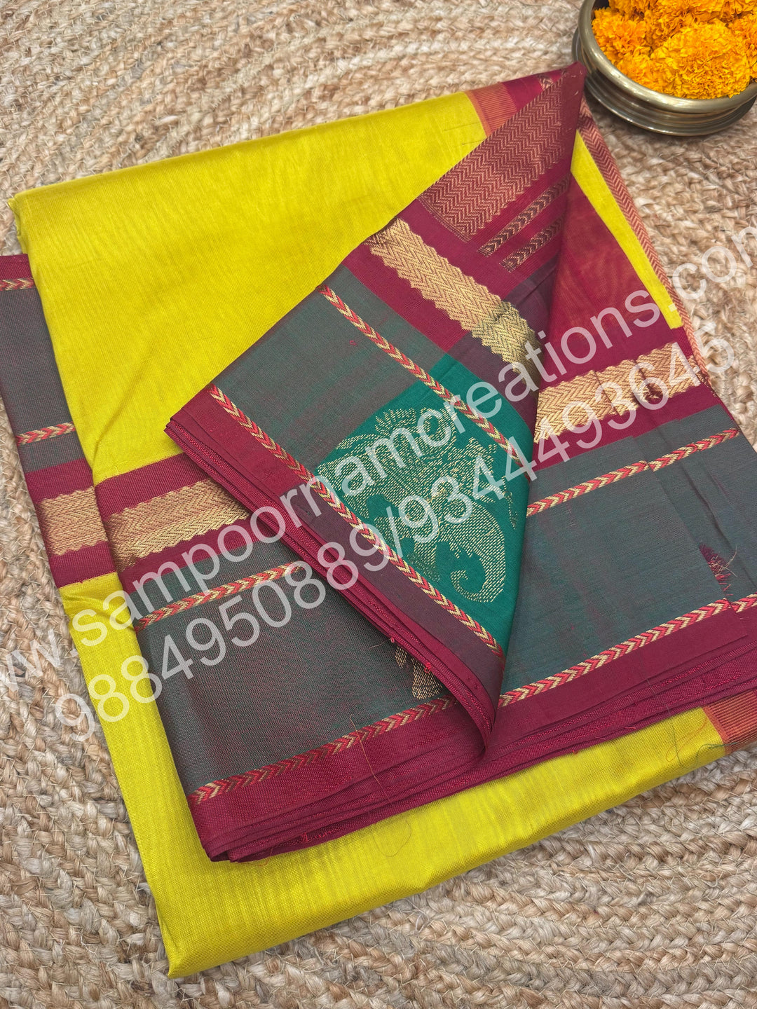Lemon Yellow with Deep Red , Traditional Kanchi Border with Elephant Detailing , Rich elephant Procession Design Pallu Pure Korvai Silk Cotton Saree