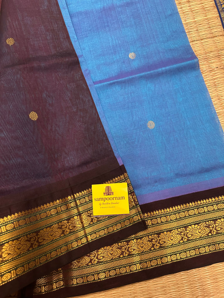 Blue with Brown Body Zari Butta with Rich Pallu Korvai Silk Cotton Saree