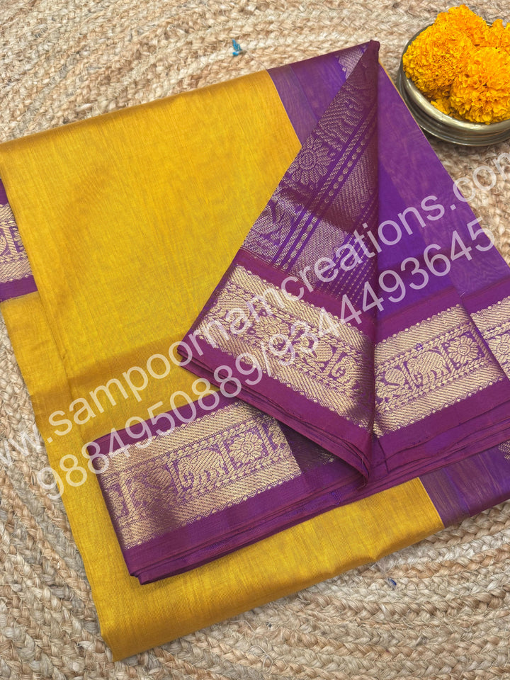 Mustard with Deep Magenta , traditional border and  rich Pallu Pure Korvai Silk Cotton Saree