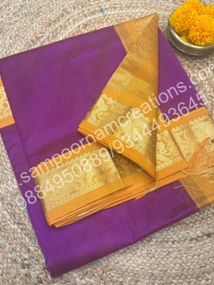Vadamalli with Mustard , Rich Vairaoosi Zari lines in the body  and  rich Pallu Pure Korvai Silk Cotton Saree