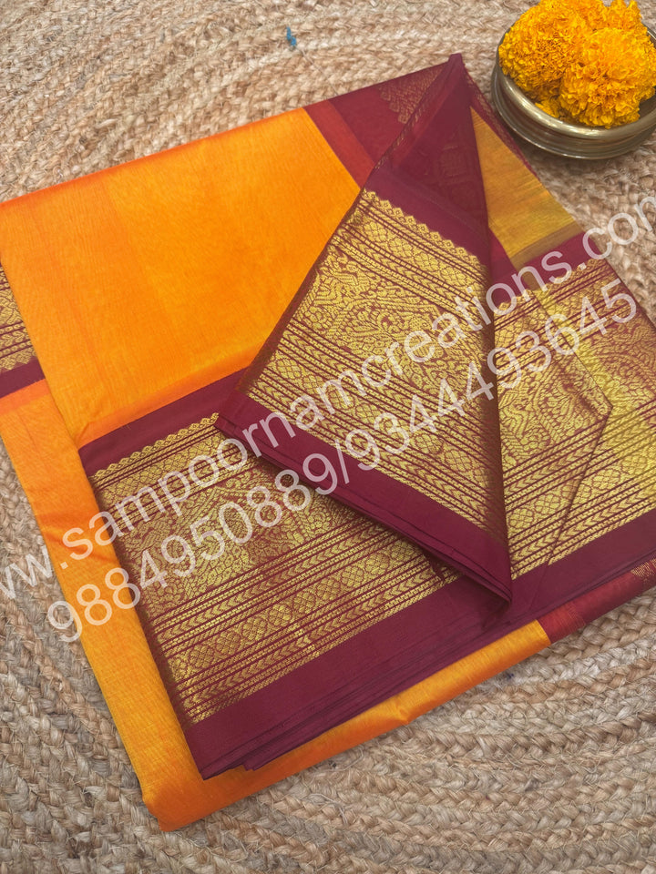 Mambazha Manjal with Kumkumam Red , Traditional One side Long Border and  rich Pallu Pure Korvai Silk Cotton Saree