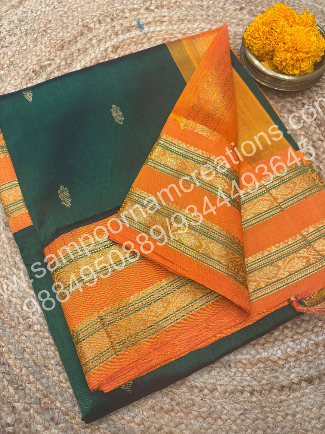 Green with Manjal , Rich Floral Zari butta in the body and  Traditional Long Border , rich Pallu Pure Korvai Silk Cotton Saree
