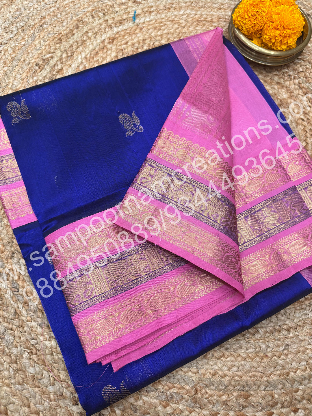 MS Blue with Pink , Rich Annam Zari butta in the body and  Traditional Kanchi Border ,  rich Pallu Pure Korvai Silk Cotton Saree