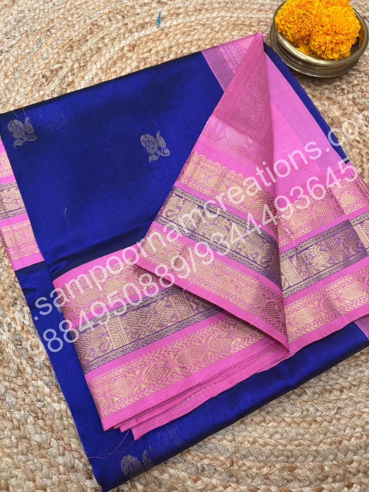 MS Blue with Pink , Rich Annam Zari butta in the body and  Traditional Kanchi Border ,  rich Pallu Pure Korvai Silk Cotton Saree