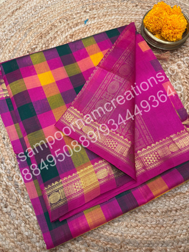 Pink , Green , Yellow , Orange with Pink , Pallum Pazham Checks with Traditional Borders and rich Pallu Silk Cotton Saree