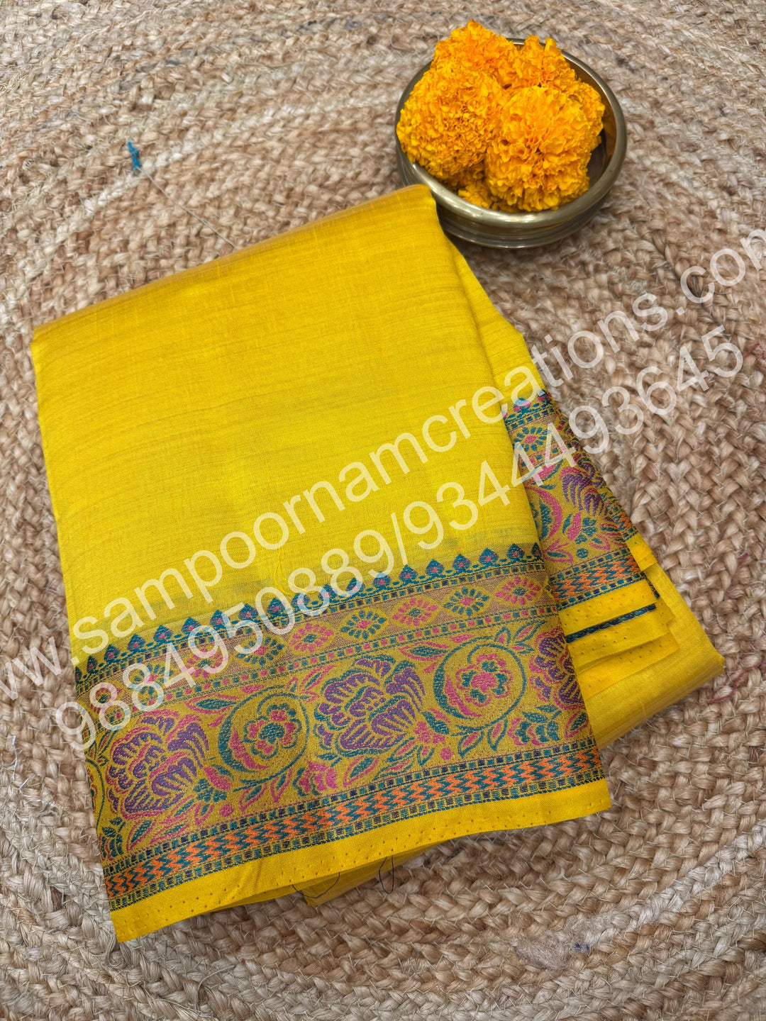 Yellow with Floral Meenakshi Thread work in border and elaborate Meenakshi Floral designar Pallu and Blouse , Semi Tussar Saree