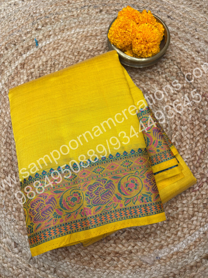 Yellow with Floral Meenakshi Thread work in border and elaborate Meenakshi Floral designar Pallu and Blouse , Semi Tussar Saree