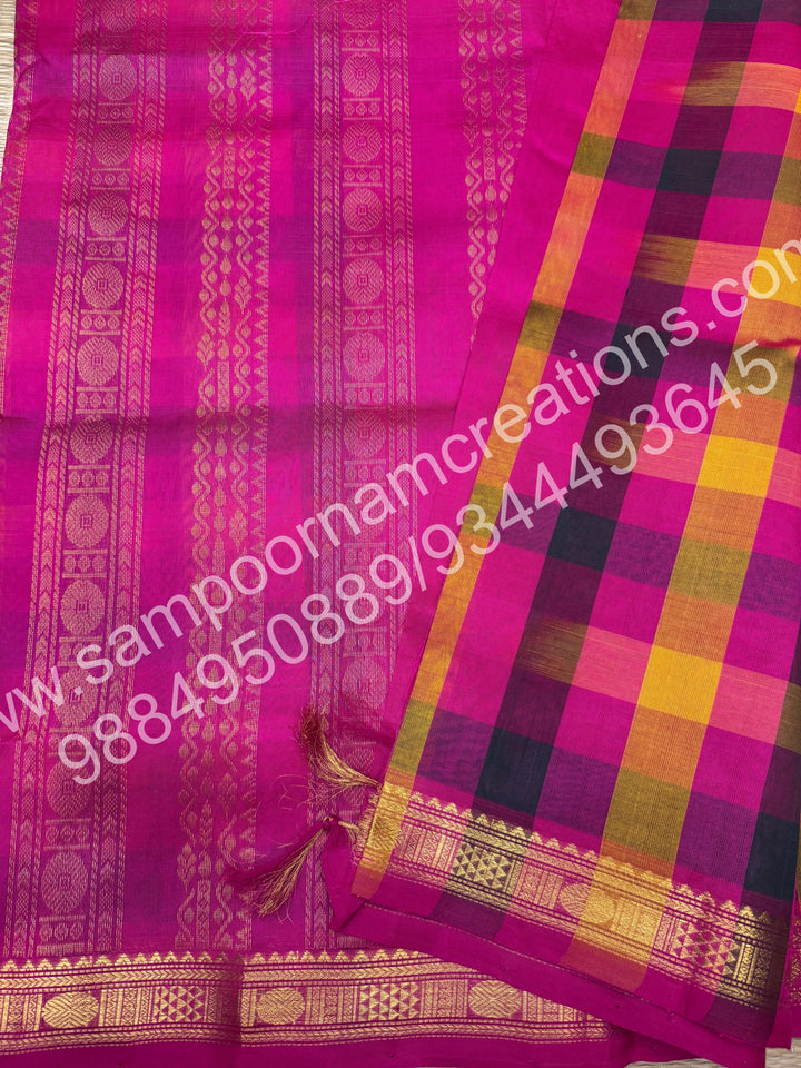 Pink , Green , Yellow , Orange with Pink , Pallum Pazham Checks with Traditional Borders and rich Pallu Silk Cotton Saree
