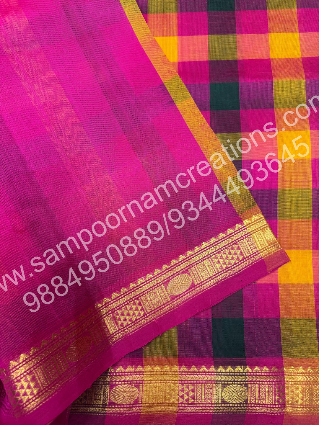 Pink , Green , Yellow , Orange with Pink , Pallum Pazham Checks with Traditional Borders and rich Pallu Silk Cotton Saree