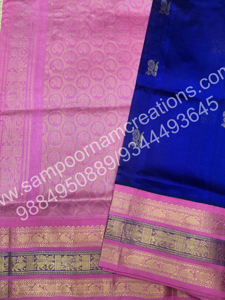 MS Blue with Pink , Rich Annam Zari butta in the body and  Traditional Kanchi Border ,  rich Pallu Pure Korvai Silk Cotton Saree