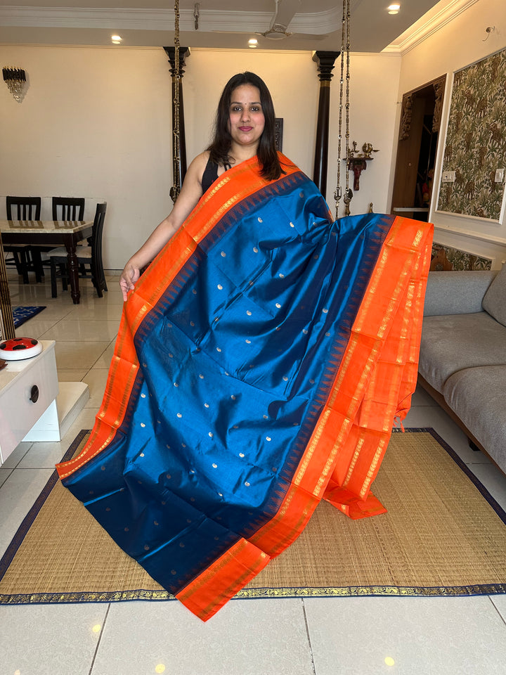 Blue with Orange Zari butta Temple Rettapet Border, Rich Pallu Korvai Silk Cotton Saree