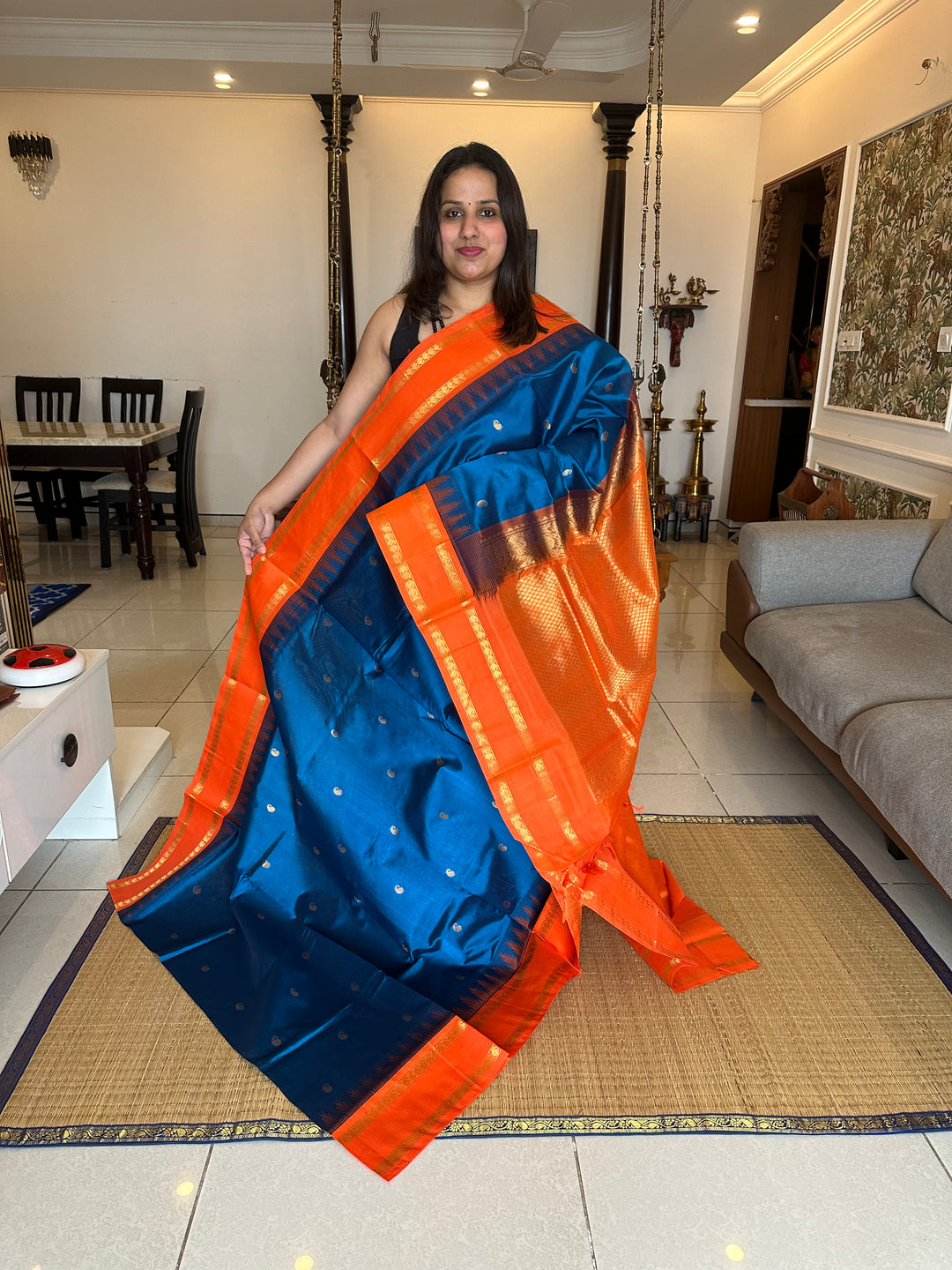 Blue with Orange Zari butta Temple Rettapet Border, Rich Pallu Korvai Silk Cotton Saree