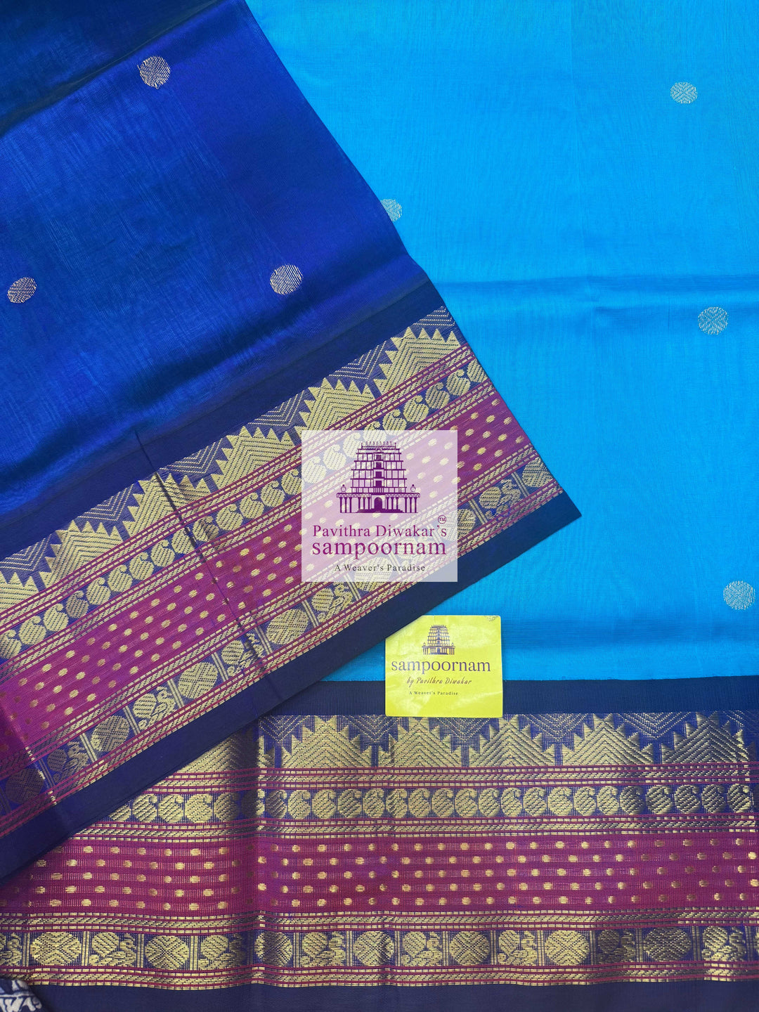 Ramar Blue with Dark Blue , Zari butta in the body and Lakshadeepam border , Grand Pallu Korvai Silk Cotton Saree