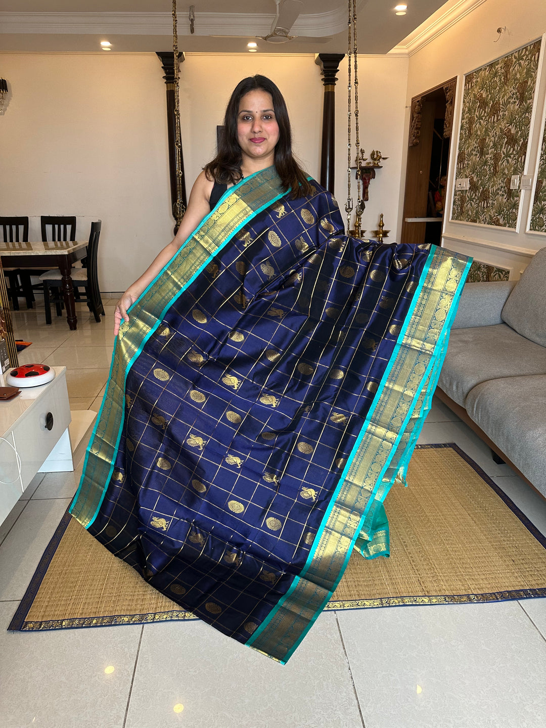 Dark Blue with Blue Mayil Chakram Silk Cotton Saree