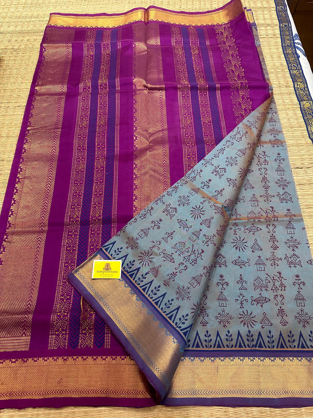 Bluish Grey with Purple Warli Handblock Printed Silk Cotton Saree