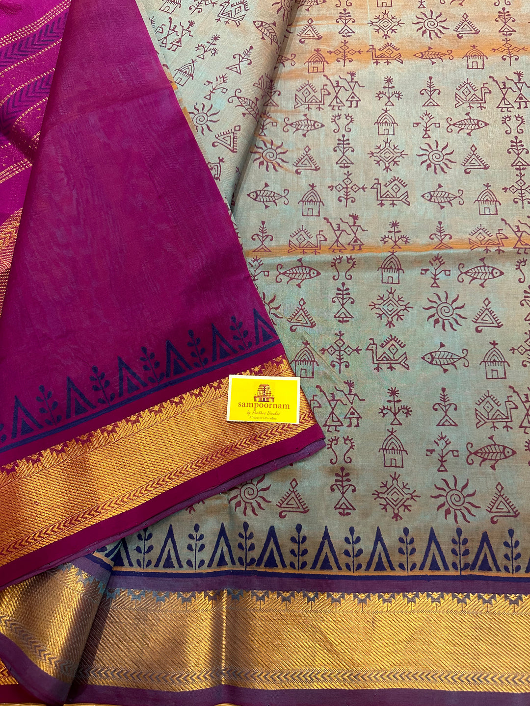 Bluish Grey with Purple Warli Handblock Printed Silk Cotton Saree