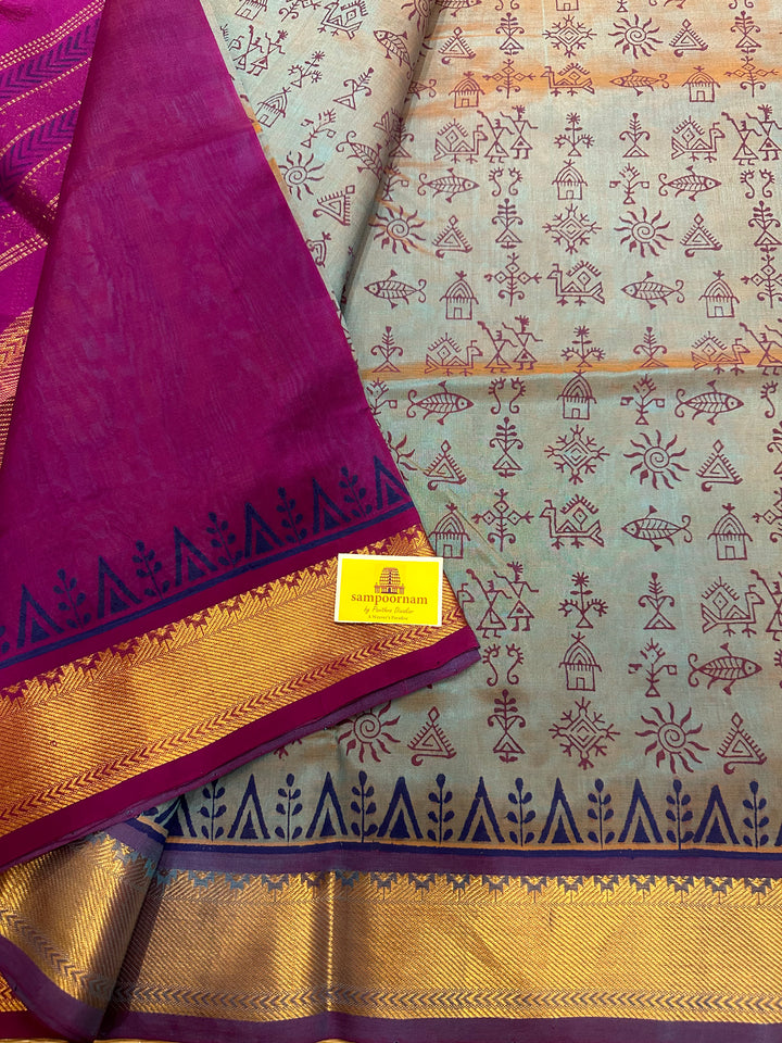 Bluish Grey with Purple Warli Handblock Printed Silk Cotton Saree