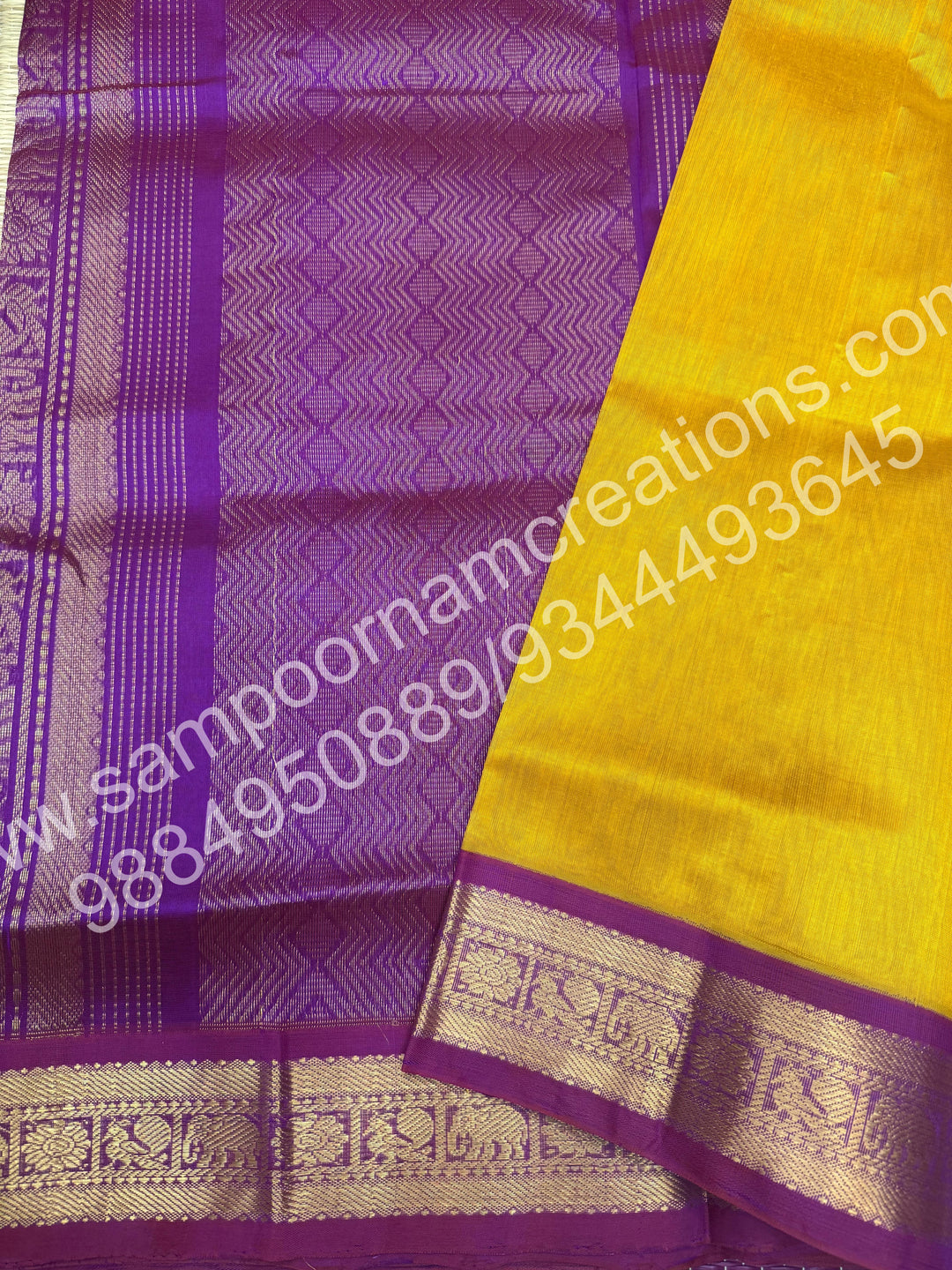Mustard with Deep Magenta , traditional border and  rich Pallu Pure Korvai Silk Cotton Saree