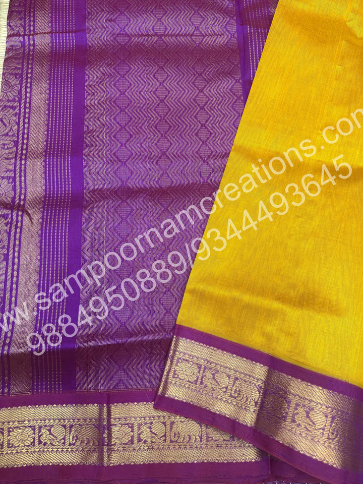 Mustard with Deep Magenta , traditional border and  rich Pallu Pure Korvai Silk Cotton Saree