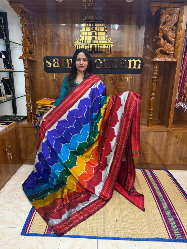 Multi coloured designer Pochampally pure silk saree with Ikkat Pallu and plain blouse