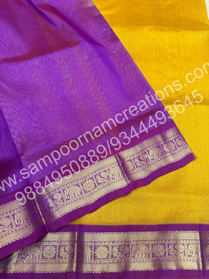 Mustard with Deep Magenta , traditional border and  rich Pallu Pure Korvai Silk Cotton Saree