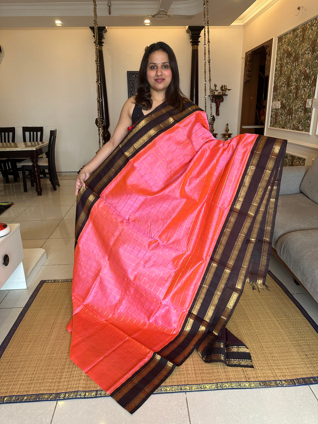 Baby Pink with Brown Rettapet Border With Big Zari Checks in the Body , Rich Pallu Korvai Silk Cotton Saree