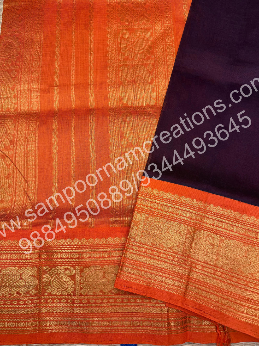 Coffee Brown with Orange , Traditional Long Border and  rich Pallu Pure Korvai Silk Cotton Saree
