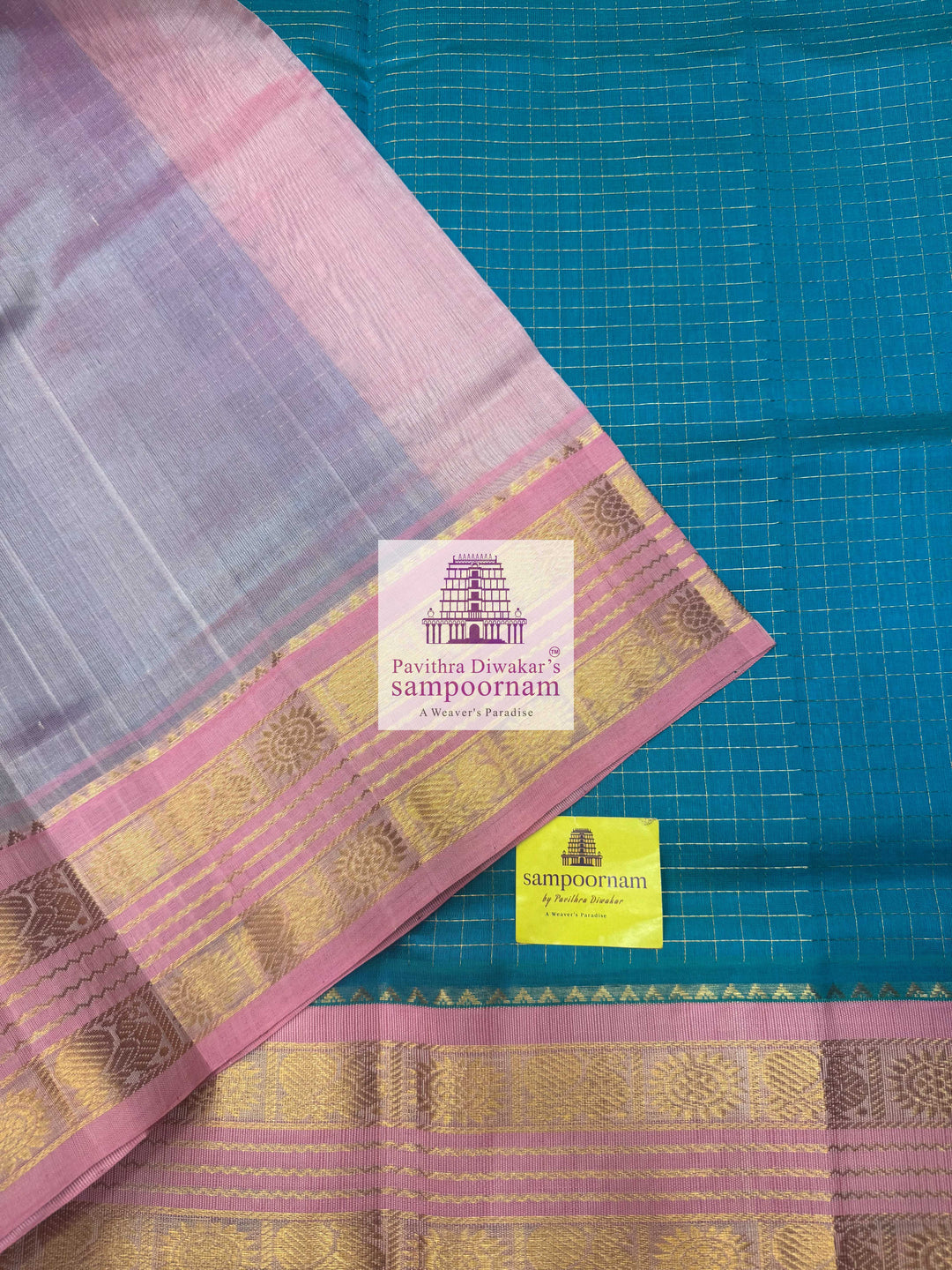 Turquoise Blue with Baby Pink , Rich Zari checks in the body and Rettapet border , Grand Pallu Korvai Silk Cotton Saree