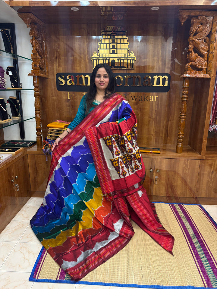 Multi coloured designer Pochampally pure silk saree with Ikkat Pallu and plain blouse