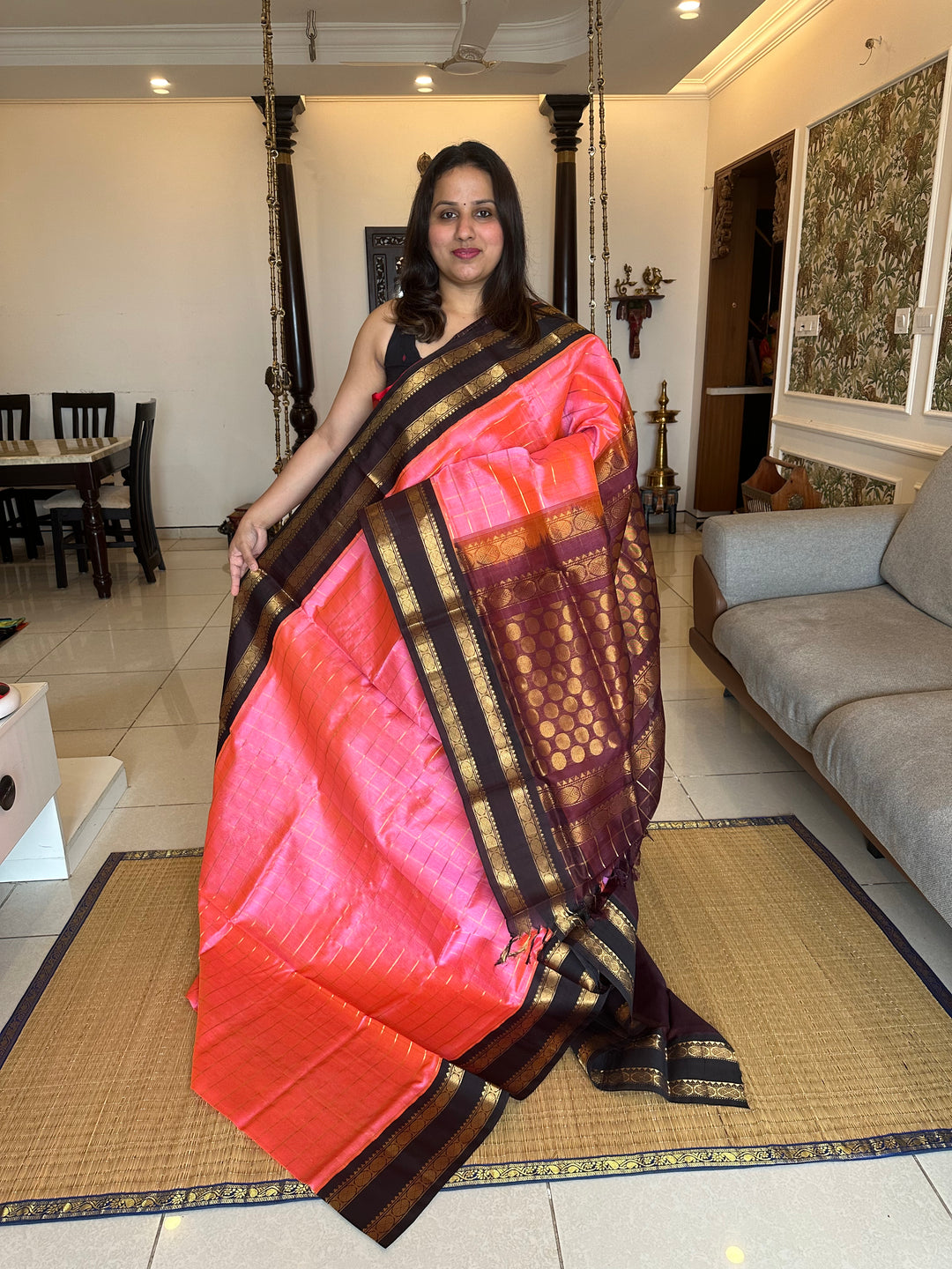 Baby Pink with Brown Rettapet Border With Big Zari Checks in the Body , Rich Pallu Korvai Silk Cotton Saree