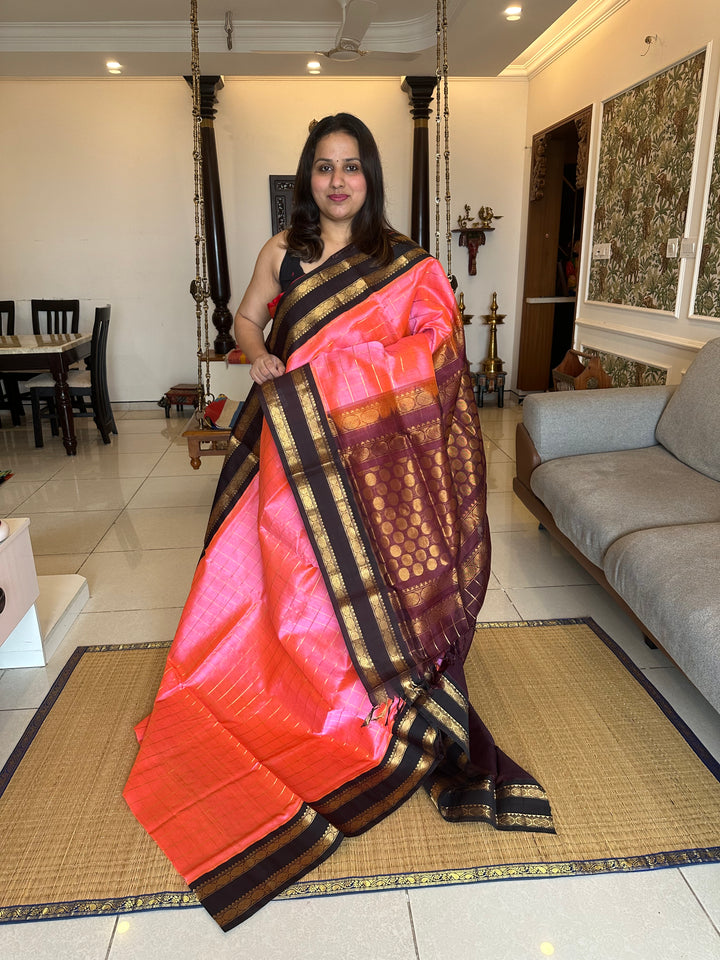 Baby Pink with Brown Rettapet Border With Big Zari Checks in the Body , Rich Pallu Korvai Silk Cotton Saree