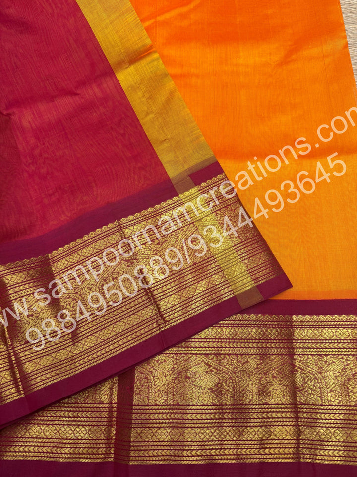 Mambazha Manjal with Kumkumam Red , Traditional One side Long Border and  rich Pallu Pure Korvai Silk Cotton Saree