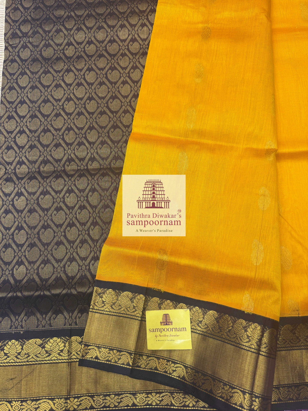 Mambazha Manjal with Dark Brown  , Rich Zari butta in the body traditional Silk border and Rich Pallu Korvai Silk Cotton Saree