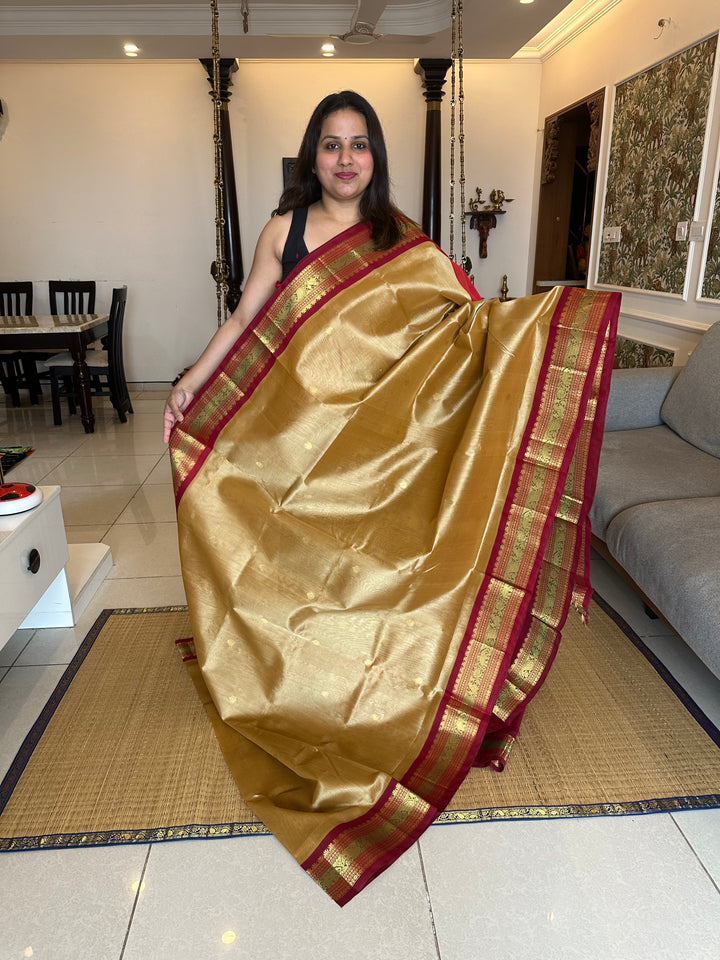 Gold colour with Red Kanchi Border -  RIch Zari butta and Grand Pallu Korvai Silk Cotton Saree