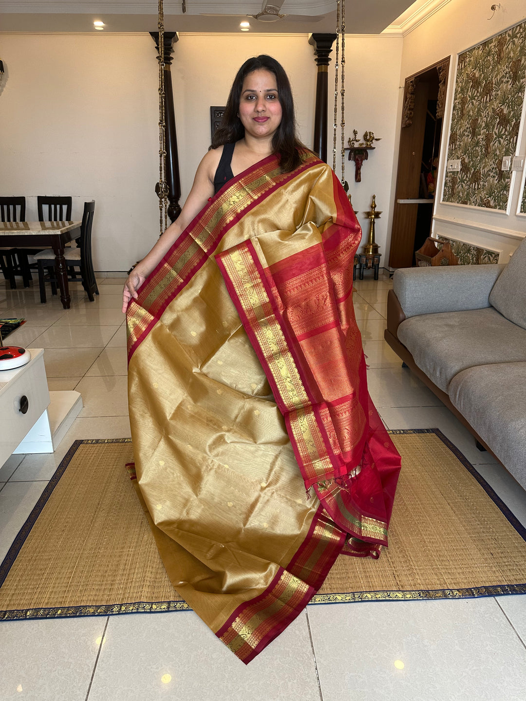 Gold colour with Red Kanchi Border -  RIch Zari butta and Grand Pallu Korvai Silk Cotton Saree