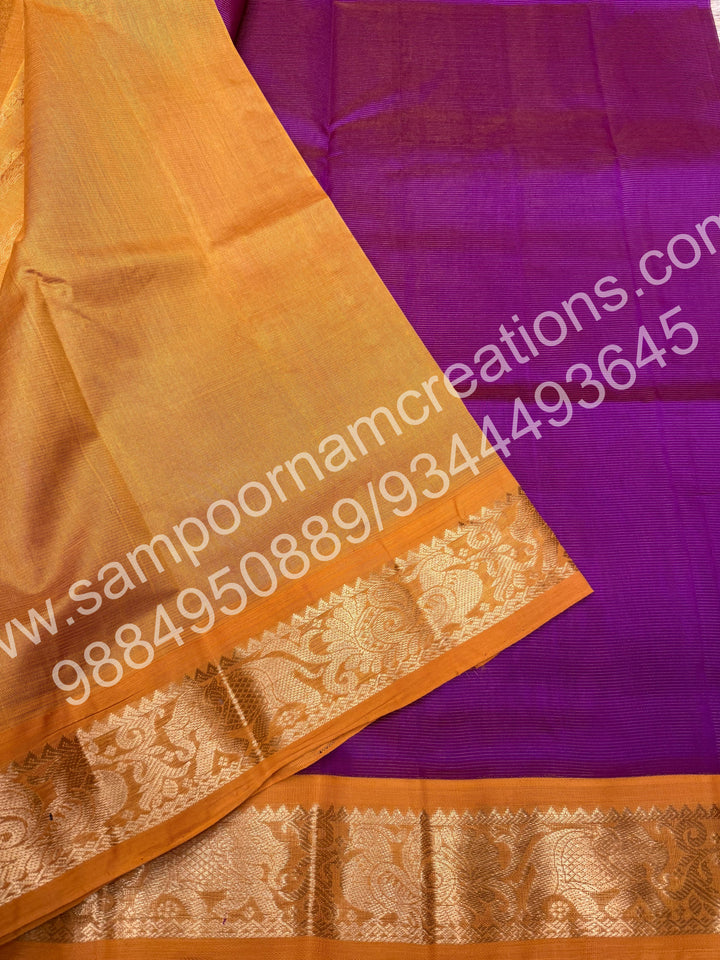 Vadamalli with Mustard , Rich Vairaoosi Zari lines in the body  and  rich Pallu Pure Korvai Silk Cotton Saree