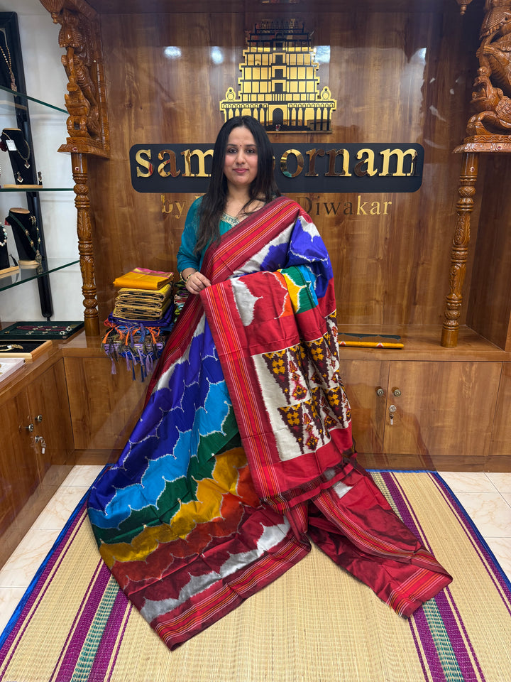 Multi coloured designer Pochampally pure silk saree with Ikkat Pallu and plain blouse