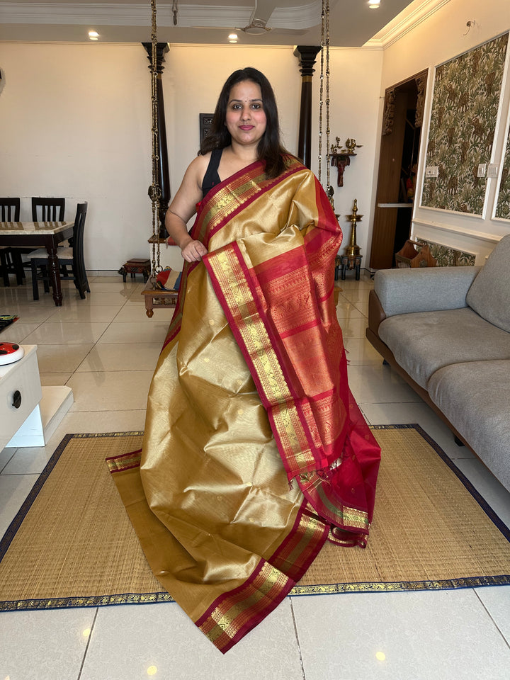 Gold colour with Red Kanchi Border -  RIch Zari butta and Grand Pallu Korvai Silk Cotton Saree