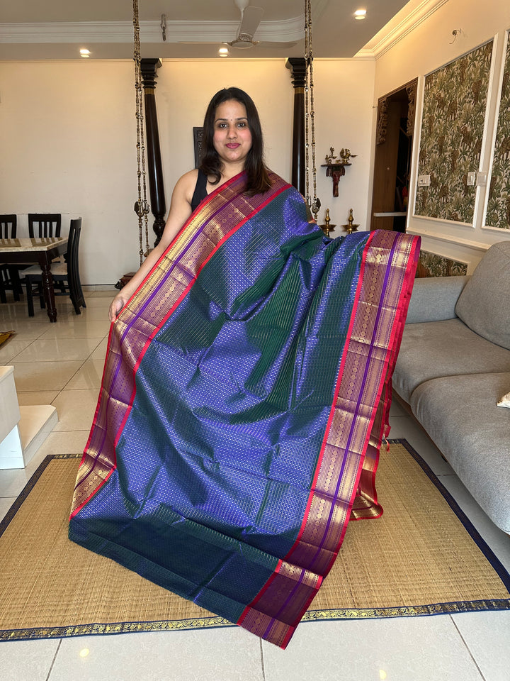 Blue with Red Zari Lakshadeepam Silk Cotton Saree