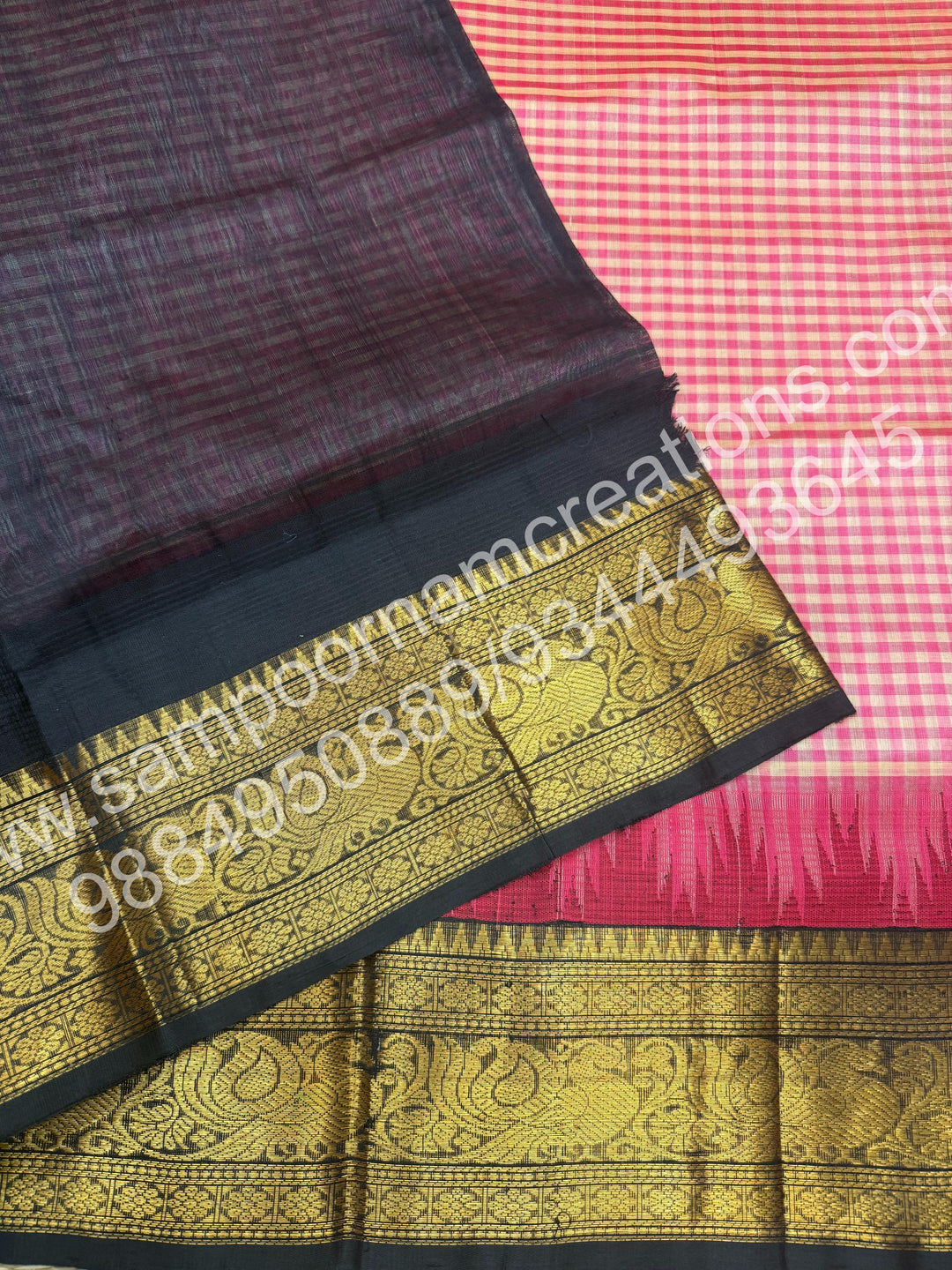 Pink , White with Black , Rich Pallum Pazham Checks with Traditional one side long  border ,  rich Pallu Pure Korvai Silk Cotton Saree