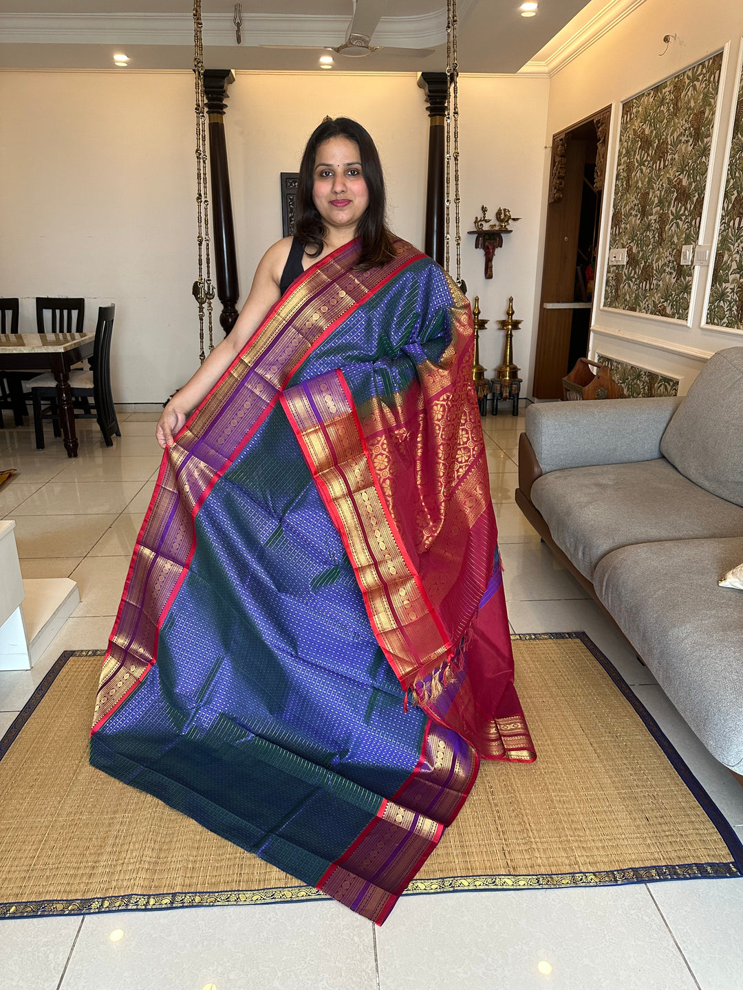 Blue with Red Zari Lakshadeepam Silk Cotton Saree