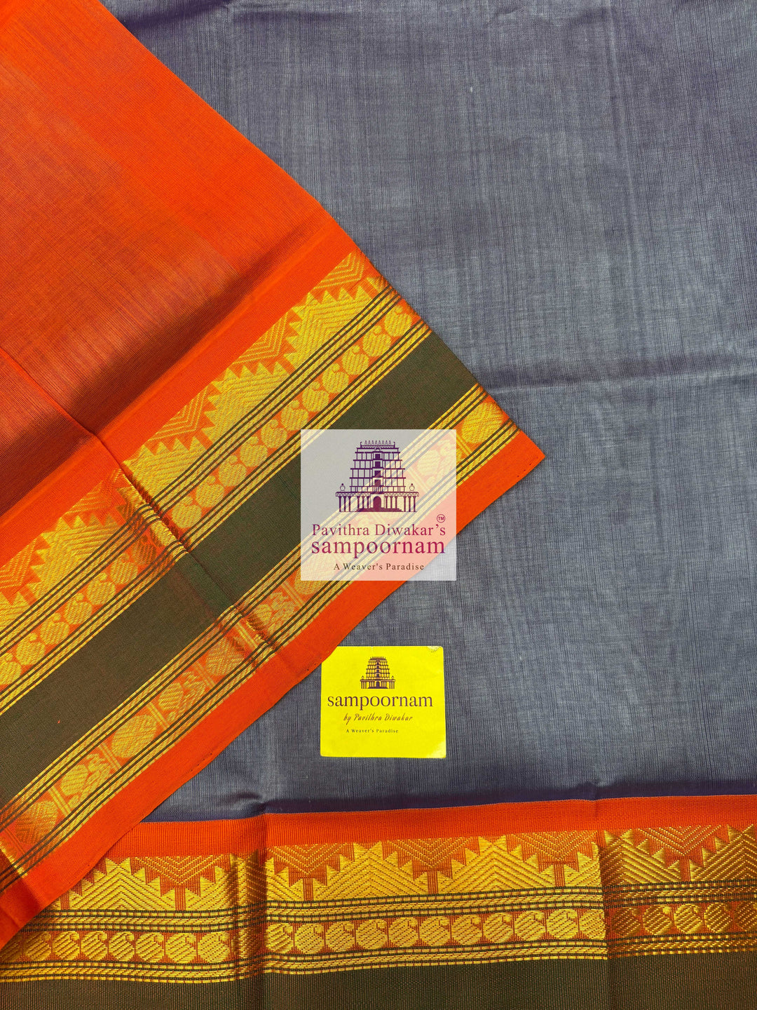 Dark Grey with Orange , Rettapet Temple border and  , Grand Pallu Korvai Silk Cotton Saree