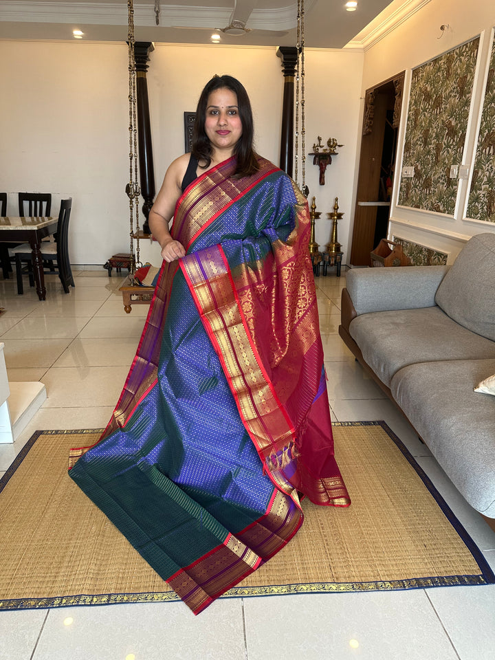 Blue with Red Zari Lakshadeepam Silk Cotton Saree