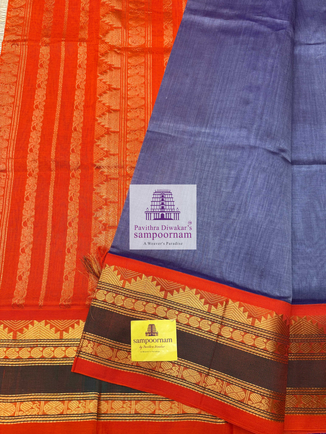 Dark Grey with Orange , Rettapet Temple border and  , Grand Pallu Korvai Silk Cotton Saree