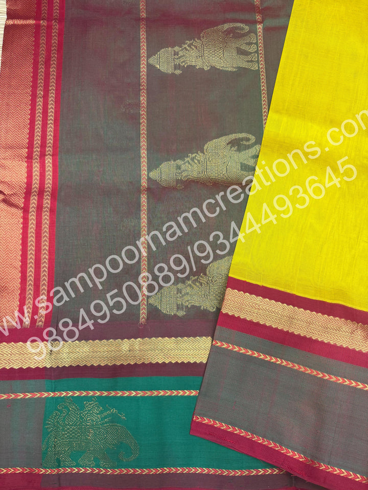 Lemon Yellow with Deep Red , Traditional Kanchi Border with Elephant Detailing , Rich elephant Procession Design Pallu Pure Korvai Silk Cotton Saree