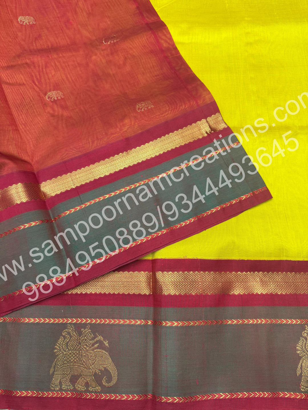 Lemon Yellow with Deep Red , Traditional Kanchi Border with Elephant Detailing , Rich elephant Procession Design Pallu Pure Korvai Silk Cotton Saree